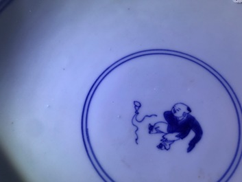 A Chinese blue and white 'playing boys' bowl, Yongzheng mark and of the period