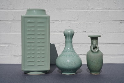 Three Chinese monochrome celadon vases, Yongzheng and Qianlong marks, 19/20th C.