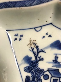 A Chinese blue and white sweetmeat or rice table set with landscape design, 18/19th C.
