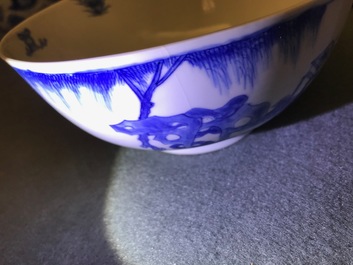 Four Chinese blue and white bowls, Chenghua and Xuande marks, Kangxi