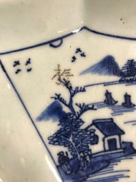 A Chinese blue and white sweetmeat or rice table set with landscape design, 18/19th C.