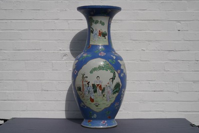 A pair of large Chinese blue-ground famille rose vases with figural design, Qianlong mark, 19th C.