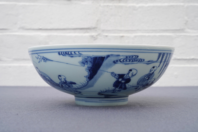 A Chinese blue and white 'playing boys' bowl, Yongzheng mark and of the period