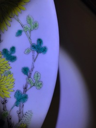 A pair of Chinese yellow and green enamelled 'chrysanthemum' plates, Guangxu mark, 19/20th C.