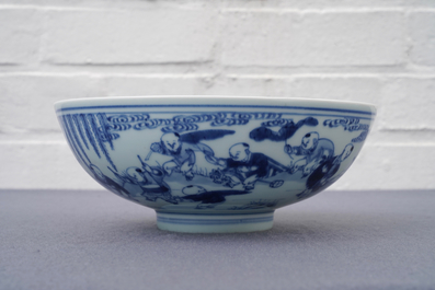 A Chinese blue and white 'playing boys' bowl, Yongzheng mark and of the period