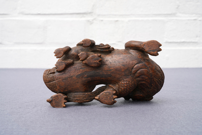 A Chinese carved wood 'Qilin and cub' group, 19/20th C.