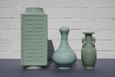 Three Chinese monochrome celadon vases, Yongzheng and Qianlong marks, 19/20th C.