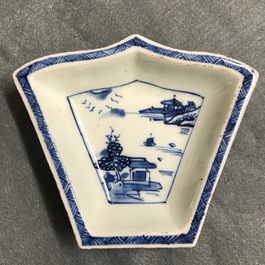 A Chinese blue and white sweetmeat or rice table set with landscape design, 18/19th C.