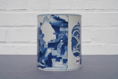 A Chinese blue and white 'carp' brush pot, bitong, Kangxi