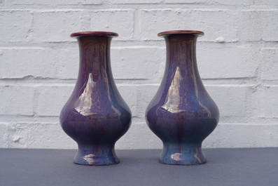 A pair of Chinese flamb&eacute;-glazed vases, a celadon jardini&egrave;re and a sang-de-boeuf censer, 19/20th C.