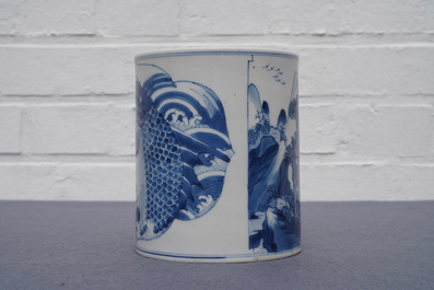 A Chinese blue and white 'carp' brush pot, bitong, Kangxi