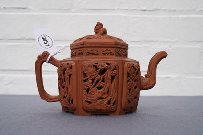 A Chinese Yixing stoneware reticulated teapot and cover, Kangxi