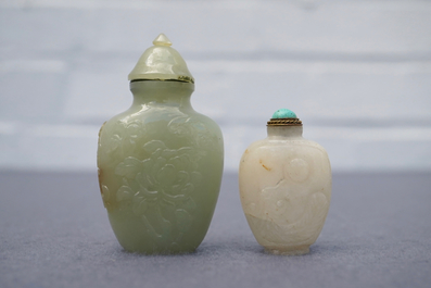 Two Chinese Mughal-style white and celadon jade snuff bottles, 19th C.