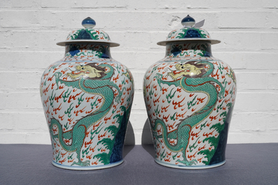 A pair of wucai-style vases and covers with dragons, Samson, Paris, 19th C