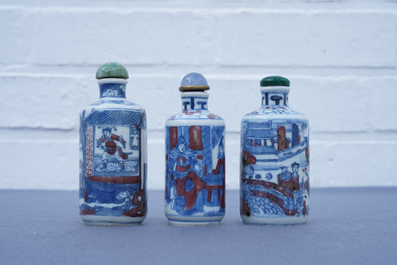 Three Chinese blue, white and underglaze red snuff bottles, Yongzheng marks, 18/19th C.