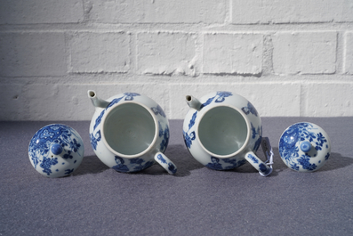 Een paar Chinese blauw-witte theepotten met 'Lange Lijzen', 'Qing Yu Tang Zhi' merk, Kangxi