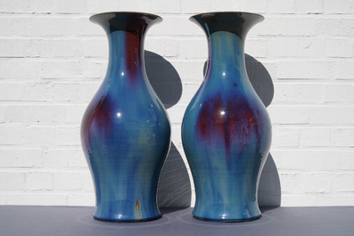 A pair of Chinese flamb&eacute;-glazed vases, 19th C.