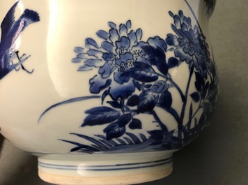 A large Chinese blue and white censer with birds among blossoms, Transitional period