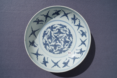 A Chinese blue and white charger with cranes, 'fui gui chang ming' mark, Jiajing