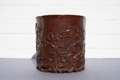 A Chinese carved wood 'magnolia' brush pot, prob. Qing