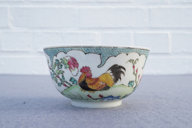 A fine Chinese famille rose eggshell 'rooster' cup and saucer, Yongzheng