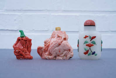 Two Chinese coral snuff bottles and one coral-embellished glass bottle, 19/20th C.