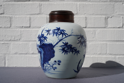 A Chinese blue and white jar with birds among blossoms, Transitional period