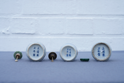 Three Chinese blue, white and underglaze red snuff bottles, Yongzheng marks, 18/19th C.