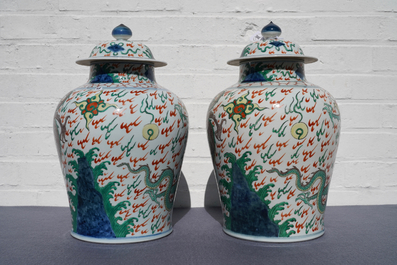 A pair of wucai-style vases and covers with dragons, Samson, Paris, 19th C
