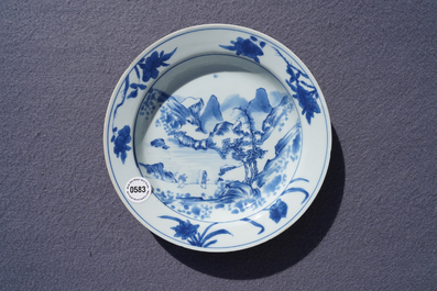 Een Chinees blauw-wit 'Master of the rocks' bord, Kangxi