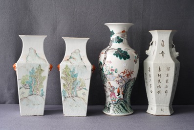 Quatre vases en porcelaine de Chine qianjiang cai et famille rose, 19&egrave;me
