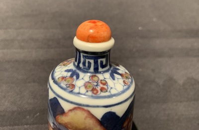 Three Chinese blue, white and underglaze red snuff bottles, Yongzheng marks, 19th C.