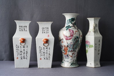 Vier Chinese famille rose en qianjiang cai vazen, 19e eeuw
