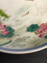 A pair of Chinese famille rose 'cranes' dishes, Daoguang mark and of the period