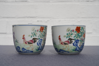 A pair of Chinese famille rose 'chicken' cups, Qianlong mark, late Qing or Republic