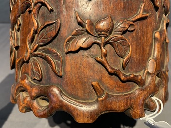 A Chinese carved wood 'magnolia' brush pot, prob. Qing