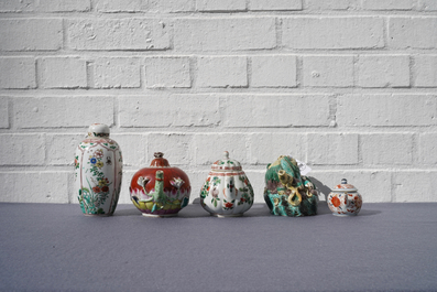 Four Chinese famille rose, verte and Imari-style teapots and a tea caddy, Kangxi and later