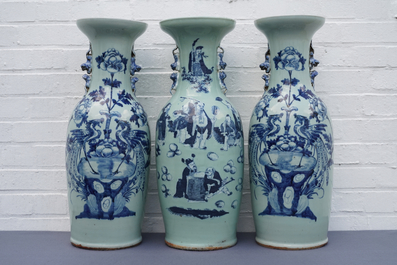 Three Chinese blue and white celadon-ground vases, 19th C.