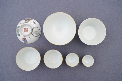 Five Chinese famille rose nesting cups and a Wu Shuang Pu cup and saucer, 19th C.