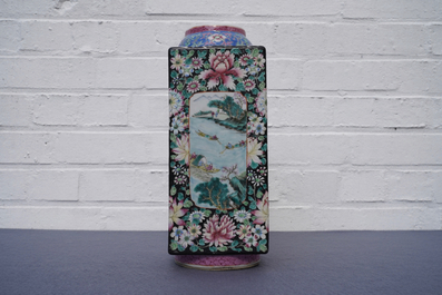 A Chinese famille rose millefleurs 'cong' vase, Qianlong mark, Republic, 20th C.