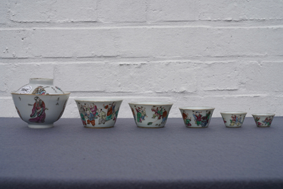 Five Chinese famille rose nesting cups and a Wu Shuang Pu cup and saucer, 19th C.