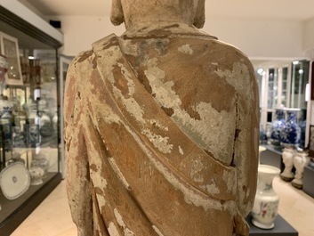 A Chinese painted wood figure of a Buddhist monk, 19th C.