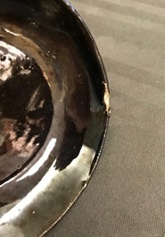 A four-piece silver-mounted Namur black-glazed pottery coffee service, 18th C.