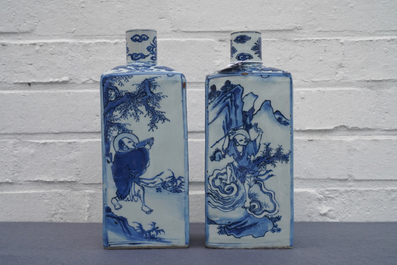A pair of square Chinese blue and white 'immortals' tea caddies, Wanli