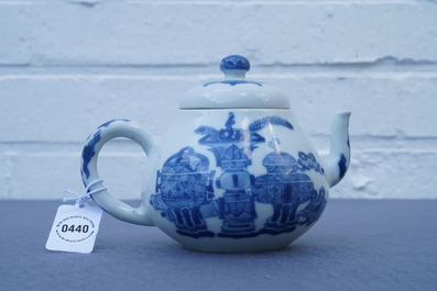 A Chinese blue and white teapot and cover with antiquities, Jiajing mark, Kangxi