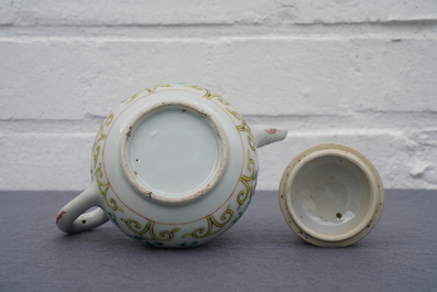 A Chinese famille rose teapot, six saucers and three cups, Yongzheng/Qianlong