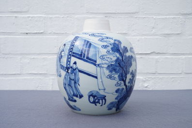 A Chinese blue and white ginger jar with gilt cover, Jiajing mark, Kangxi