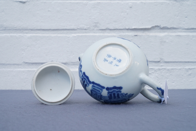 A Chinese blue and white teapot and cover with antiquities, Jiajing mark, Kangxi