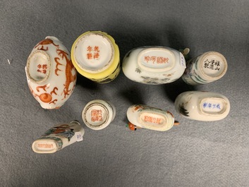 Twelve Chinese famille rose and verte porcelain snuff bottles, 19/20th C.
