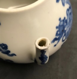 A Chinese blue and white teapot and cover with antiquities, Jiajing mark, Kangxi